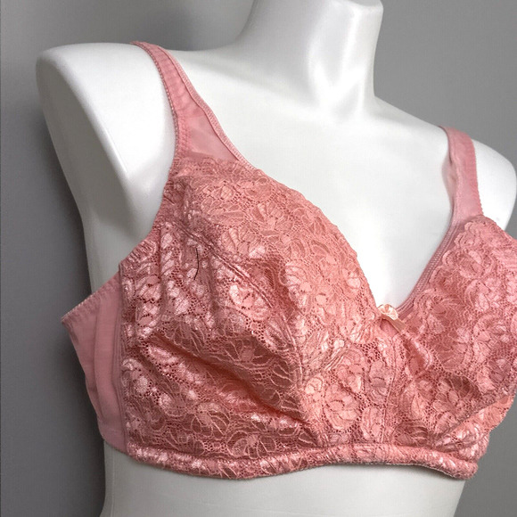 Vintage Delicates Size 48D Bra Unlined Sling Style Wire Free Melon Pink Lace - Picture 2 of 8